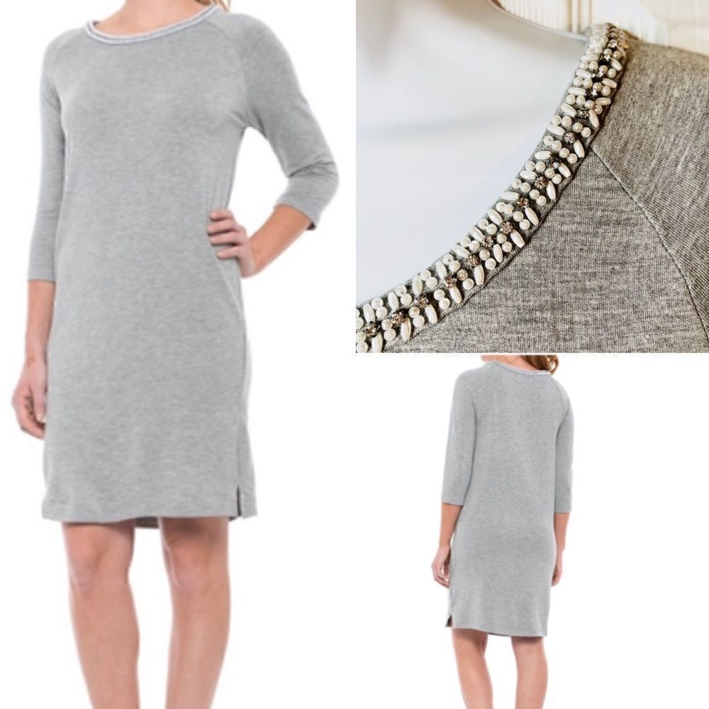 Philosophy Beaded Neck Tshirt Dress 3/4 Sleeves Grey Marled M